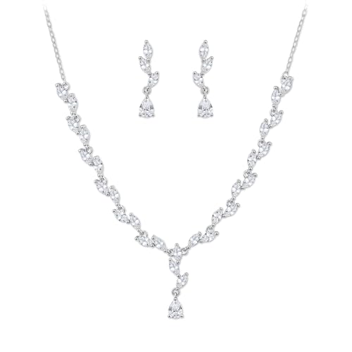 EVER FAITH Pear Shaped Cubic Zirconia Bridal Wedding Jewelry Set for Women | Gorgeous Water Drop Bride Necklace Dangle Earrings, for Bride Bridesmaid - color: Silver Plated
