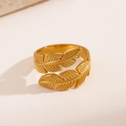 Adjustable Stainless Steel Feather Leaf Ring for Women Men - color: Gold
