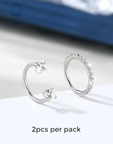 OUFER 2PCS Nose Rings Hoops, 20g Double Gem Horseshoe Threadless Nose Rings for Women, Septum Clicker Daith Tragus Helix Rook Eyebrow Lip Piercing Jewelry - color: Silver