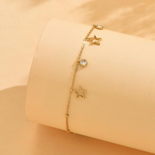 18K Gold Plated Waterproof Summer Beach Ankle Bracelets for Women | Starfish Sea Shell Pearls CZ Diamond Dangle Anklets - style: Star CZ Drop-Gold