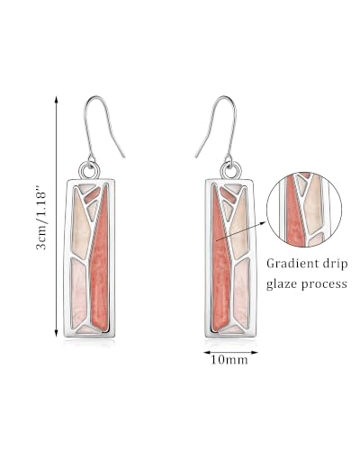 Silver Dangle Earrings for Women Shaped Rectangle Wide Bar Enamel Earrings Colorful Geometric Drop for Daily - color: Pink