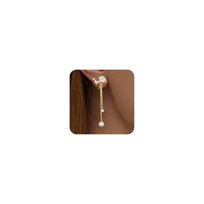 Awinesn Clip on Earrings Dangle Pearl Drop Clip Earrings for Women Trendy Dangle Chain Dainty Flower Wedding Earrings for Brides 14K Gold Plated Statement Non Pierced Earrings for Women Sparkly Jewelry - style: fugu-flower-g