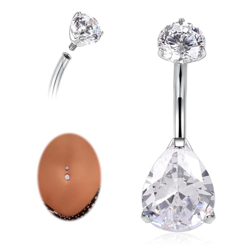 AROWRO Gold Belly Button Ring G23 Titanium Hypoallergenic 14G belly ring for Women Men Teardrop Navel Piercing Jewelry 10mm Barbell With Cubic Zircon - color: Silver+Teardrop Clear CZ
