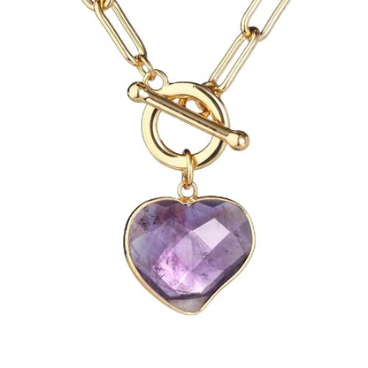 14K Gold Plated Two Sides Carved Stone Heart Shape Necklace for Women Love Pendant Necklace Jewelry for Daily and Gifts - color: Amethyst