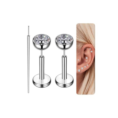 Gotumo 16G 18G 20G Flat Back Earrings Stud Titanium Threadless Nose Rings Tragus Labret Cartilage Lip Medusa Conch Body Piercing Jewelry Hypoallergenic for Women Men - color: Silver, size: 16G Bar Lengths 6mm & CZ 4mm