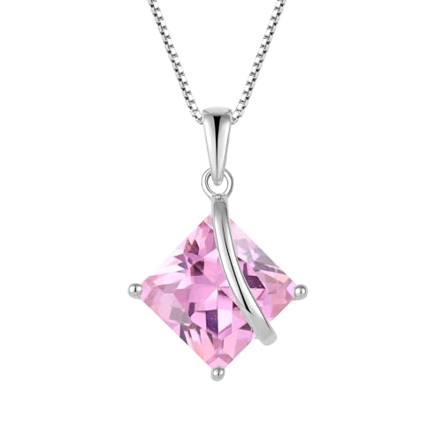 Square Princess Cut Necklace 925 Sterling Silver Solitaire Pendant Necklace Birthstone Jewelry Gifts for Women - color: 10 October - Pink Tourmaline