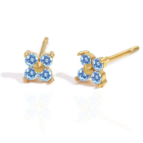 QueenBee 14K Gold Plated Ivy Flower Birthstone Stud Earrings for Women Dainty Floral Gemstone Studs Unique Jewelry Gift for Her - color: Dec-Blue topaz
