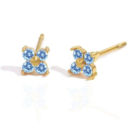 QueenBee 14K Gold Plated Ivy Flower Birthstone Stud Earrings for Women Dainty Floral Gemstone Studs Unique Jewelry Gift for Her - color: Dec-Blue topaz