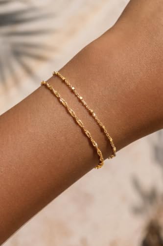 Moodear Gold Bracelets for Women, 2PCS Dainty 14K Gold Plated Link Chain | Waterproof Non Tarnish Jewelry, Adjustable Gold Plated Link & Bead Chain, Perfect for Daily Wear, Vacation Outfits & Gifts - color: gold-1