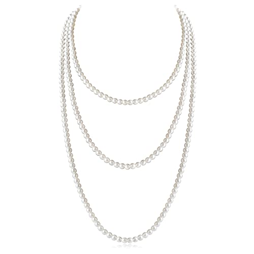 Long Pearl Necklaces for Women Cream White Faux Pearl Strand Layered Necklace Costume Jewelry - color: Cream White(6MM)