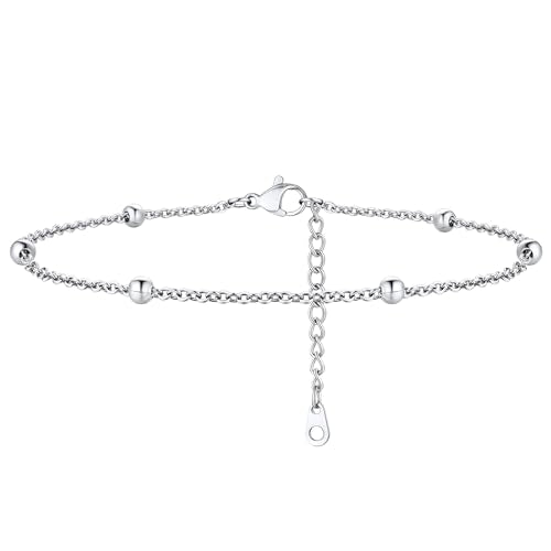 ChainsHouse Ankle Bracelets for Women, Stainless Steel Beaded Chain Ankle Bracelet, Womens Heart Anklets for Summer Beach Jewelry Gifts - color: I: bead-3.5mm-stainless steel