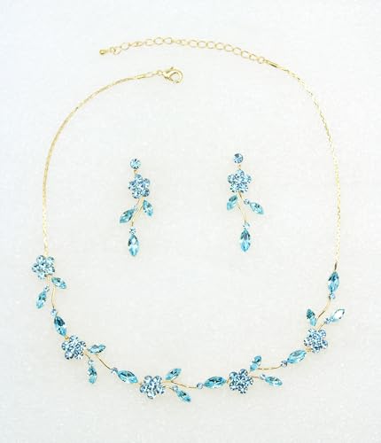 Faship Gorgeous Rhinestone Crystal Floral Necklace Earrings Set - color: Aqua / Gold plated