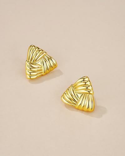 SNGIA 18K Gold Plated Chunky Statement Stud Earrings for Women by SNGIA, Geometric Square Triangle Irregular Knot Dome Earrings, Ribbed Ribbon Textured Gold Silver Fashion Jewelry Gift - style: 18K Gold Plated, Triangle