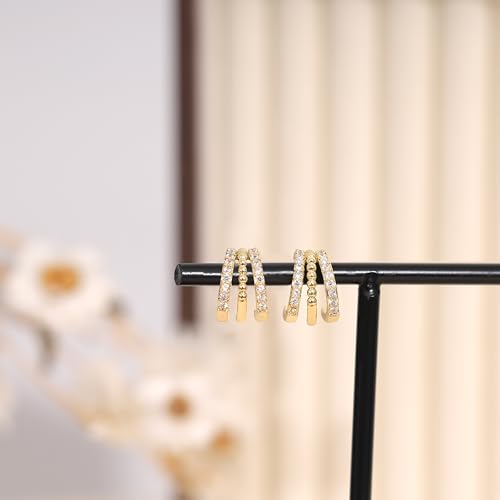 Gold Earrings for Women, Dainty Triple Huggie Earrings 14K Gold Plated Small Hoop Earrings for Women Trendy Cute Hypoallergenic Stud Earrings Unique Double Hoops Waterproof Womens Jewelry Gifts - color: gold plated-A