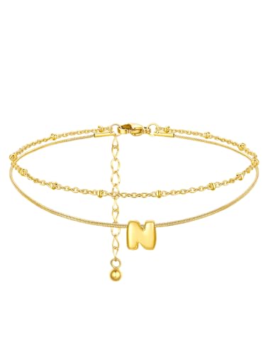 ChainsProMax Initial Ankle Bracelets for Women, Waterproof Anklets Bracelet Adjustable Summer Beach Women Foot Jewelry, Stainless Steel/Gold Plated-Send Gift Box/Letter A-Z - color: Gold Plated-N