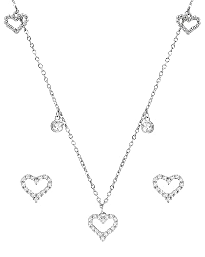 Silver Heart Jewelry Set for Women with Cubic Zirconia Heart Pendant CZ Adjustable Chain Necklace and Minimalist Small Stud for Wedding