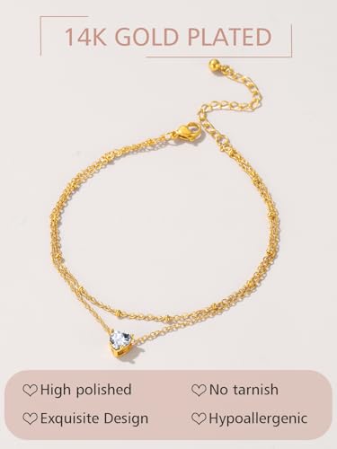 FindChic Bling Heart Birthstone Anklets Layered Beaded Ankle Bracelets for Women Gold/Black/Silver 12 Month Gem Colors Foot Chain Summer Jewelry for Girls, with Gift Box - color: Gold, style: 12. Dec.-Created Blue Topaz(Prong Setting)