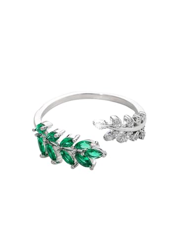 Adjustable Open Leaf & Vine Ring with Gemstone & Diamond | Cuff Deco Ring for Women Men | Adjustable Cuff Vine Leaf Deco Rings - color: Silver Green