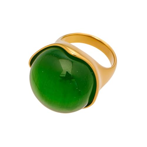 OIDIMS Green Cat Eye Stone Statement Ring for Women 18k Gold-Tone Plated Stainless Steel Geometric Round Gemstone Rings Wedding Knuckle Middle Finger Band Fashion Jewelry Comfort Fit Cocktail Party