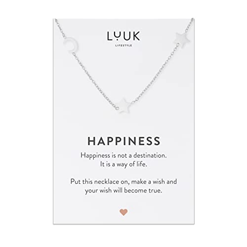LUUK LIFESTYLE Stainless steel necklace with pendant and HAPPINESS card, 20” adjustable length, lucky charm, friendship chain, Valentine's Day gift, birthday, women's jewelry, silver, gold, rosegold - color: Silver, size: Moon and Stars