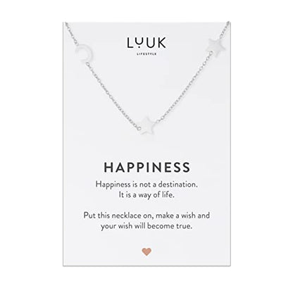 LUUK LIFESTYLE Stainless steel necklace with pendant and HAPPINESS card, 20” adjustable length, lucky charm, friendship chain, Valentine's Day gift, birthday, women's jewelry, silver, gold, rosegold - color: Silver, size: Moon and Stars