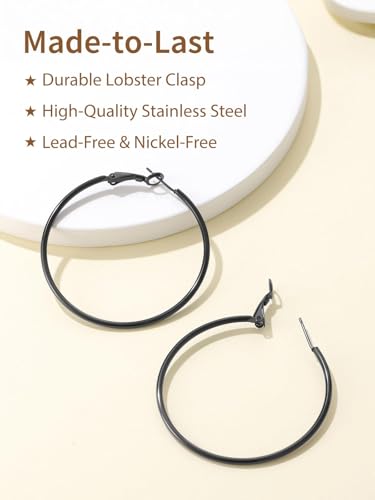 FindChic Thin Hoop Earrings for Women,Silver/Black/Gold Plated 20-100mm - color: Black, size: 50mm