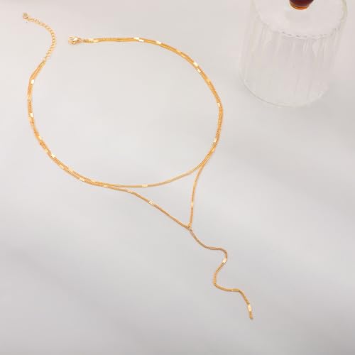 CAROVO Gold Necklace for Women Dainty Long Necklace 14K Gold/Silver Lariat Y-Shaped Pendant Necklaces Trendy Layered Lip Cubic Zirconia Beaded Chain Drop Necklaces Jewelry for Women Gifts - color: Gold, style: C: Gold Layered Y Necklace-437