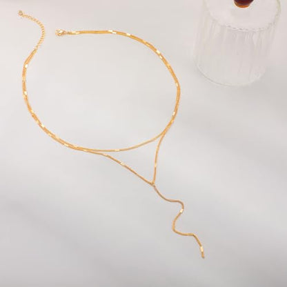 CAROVO Gold Necklace for Women Dainty Long Necklace 14K Gold/Silver Lariat Y-Shaped Pendant Necklaces Trendy Layered Lip Cubic Zirconia Beaded Chain Drop Necklaces Jewelry for Women Gifts - color: Gold, style: C: Gold Layered Y Necklace-437