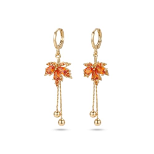 Sonateomber Christmas Tree Dangle Small Gold Hoop Earrings for Women, Cute Sparkly CZ Rhinestone Maple Clover Leaf Drop Earings Thanksgiving Holiday Accessories Fashion Jewelry Gift - color: Fall Maple