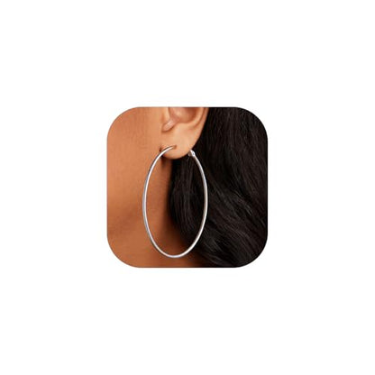 FOCALOOK 14K Gold Plated Lightweight Large Hoops| 2mm Thin Hoop Earrings for Women 30/40/50/70/100mm - color: 01.Silver, size: 70mm