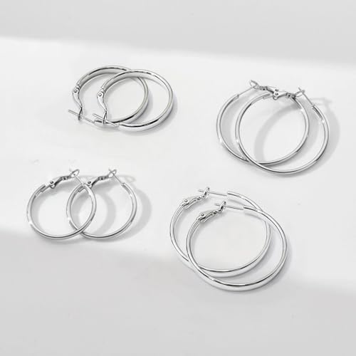 4 Pairs Silver Gold Hoop Earrings for Women | 14K Gold Plated Hoop Earrings Set Hypoallergenic Earring Lightweight Dangle Earrings Set - color: 4 Pairs Silver-(4mm Wide & Thin)