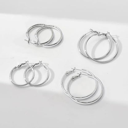 4 Pairs Silver Gold Hoop Earrings for Women | 14K Gold Plated Hoop Earrings Set Hypoallergenic Earring Lightweight Dangle Earrings Set - color: 4 Pairs Silver-(4mm Wide & Thin)