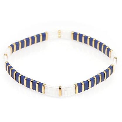 Sonateomber Tila Flat Beaded Stretch Bracelets for Women, Trendy Unique Colorful Square Beads Handmade Stack Bracelet Friendship Accessories Fashion Jewelry Gift - color: Blue Gold