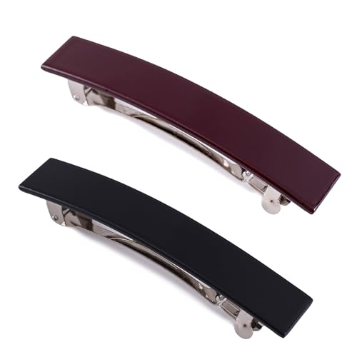 2 Pack French Design Hair Barrettes Acetate Celluloid Rectangle Hair Clips for Women - color: Black+Wine