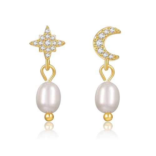 Pearl Earrings for Women 14K Gold Freshwater Pearl Hoop Earring Dangle Drop Wedding Earrings Bridal Bridesmaid Jewelry Gifts for Women - color: Gold Moon & Star Pearl Earrings