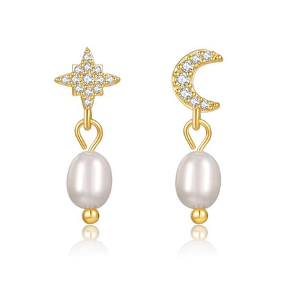 Pearl Earrings for Women 14K Gold Freshwater Pearl Hoop Earring Dangle Drop Wedding Earrings Bridal Bridesmaid Jewelry Gifts for Women - color: Gold Moon & Star Pearl Earrings