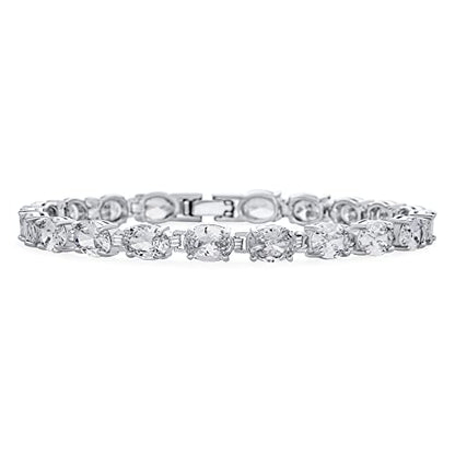 Classic Alternating Oval CZ Cubic Zirconia Tennis Bracelet Silver Plated - color: Clear