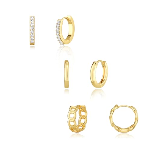 Risamil 3Pairs Gold Hoop Earrings for Women Trendy, 14K Gold Plated Hoops Huggie Earrings Dainty Chunky Earring Stacks Cute Earring Set Gold Jewelry Set for Women Gifts Fashion Accessories - color: 3 pair gold hoops