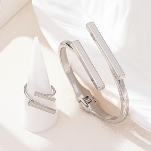 Chunky Gold Bracelet and Ring Jewelry Set,Thick Bracelets Stack Statement Rings Set Non Tarnish Chunky Bangles Jewelry Gits for Women - color: Silver