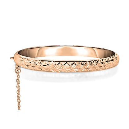 Savlano 14K Gold Plated Over 925 Sterling Silver Solid Diamond Cut Bangle Bracelet 7 inch with Safety Chain for Women Comes With Gift Box - Made in Italy - color: ROSE
