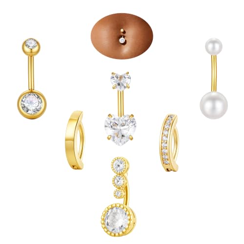 Hypoallergenic Belly Button Ring for Women | 14G, Stainless Steel, Gold Heart CZ Beaded Ball Pearl Belly Ring Stack, Curved Navel Belly Button Piercing Body Jewelry, 9PCS - color: 6PCS-14K Gold Plated