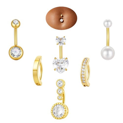 Hypoallergenic Belly Button Ring for Women | 14G, Stainless Steel, Gold Heart CZ Beaded Ball Pearl Belly Ring Stack, Curved Navel Belly Button Piercing Body Jewelry, 9PCS - color: 6PCS-14K Gold Plated