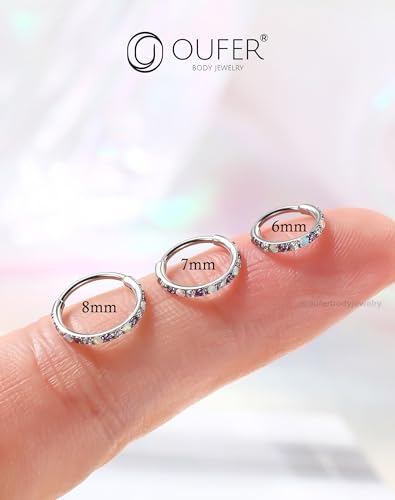 OUFER Opal and CZ 20G Nose Rings Hoops, 316L Surgical Steel Hinged Segment Nose Piercing Jewelry, Septum Lip Eyebrow Rings Cartilage Conch Rook Helix Tragus Daith Earrings For Women and Men-6/7/8MM - color: Purple CZ