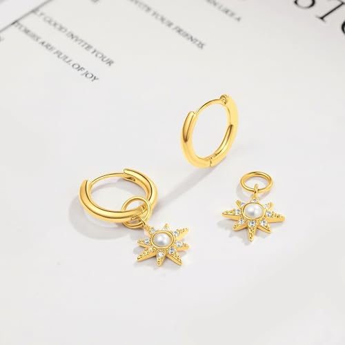 DAILY VIBES Cute Butterfly Star Cross Heart CZ Dangle Earrings for Women | 925 Sterling Silver Post, 14K Gold or Silver Plated, Mini Cubic Zirconia Dainty Drop, Cartilage Small Huggie Hoop Earrings - color: Gold North Star CZ
