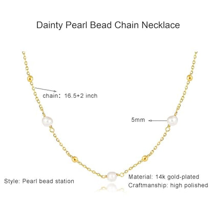 Pearl Necklace for Women, Dainty Pearls Choker Necklace for Women 14K Gold Plated Layered Pendant Necklace Handmade Gold Chain Necklace Everyday Jewelry Gift - color: Bead Pearl-Gold