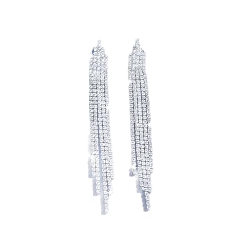 Silver Shiny Rhinestone Long Tassel Dangle Earrings for Women Trendy, Unique Bling Zirconia Drop Earring Dainty Prom Party Jewelry Accessories Gift - color: Silver