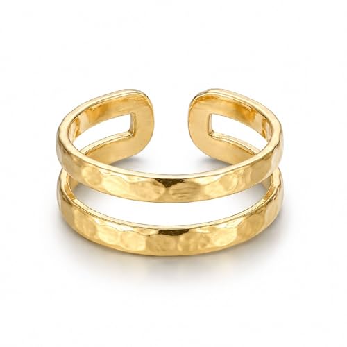 Gold Plated Toe Ring for Women, Adjustable Open Band, Handmade | Fits Toe, Knuckle or Pinky Ring | One Size Fits Most | Comfortable to Wear | Minimalist Style | Water Resistant - color: Double Band Hammered 2