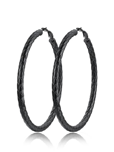 FindChic Chunky Hoop Earrings for Women, Silver/Black/14K Gold Plated Crossover Patterned Hollow Tube Rounded Loop Earrings, 30mm/40mm/60mm/80mm Hoops with Custom Name Options and Gift Box - color: a.Black, size: 80MM