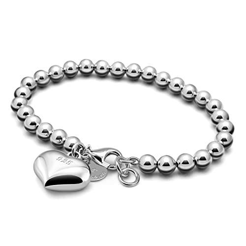 Dankadi Women 925 Sterling Silver Round Bead Bracelet Minimalist 4-6MM 13-21CM Bell and Heart Pendant Prayer Beads Link Chain Bracelet Men Charm Jewelry Gift - color: 6MM Heart Silver, size: 18CM