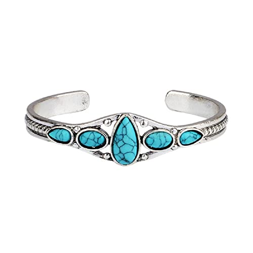 Bohemian Natural Stone Turquoise Engraved Cuff Bracelet Adjustable Wrap Bangle Western National Style for Women Gemstone Boho Jewelry - color: G